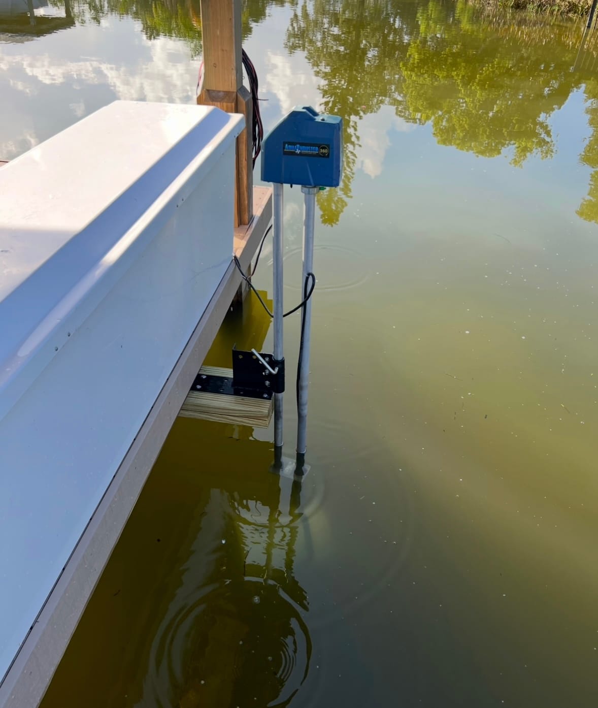 AquaThruster 360 mounted on a dock over a weedy shoreline